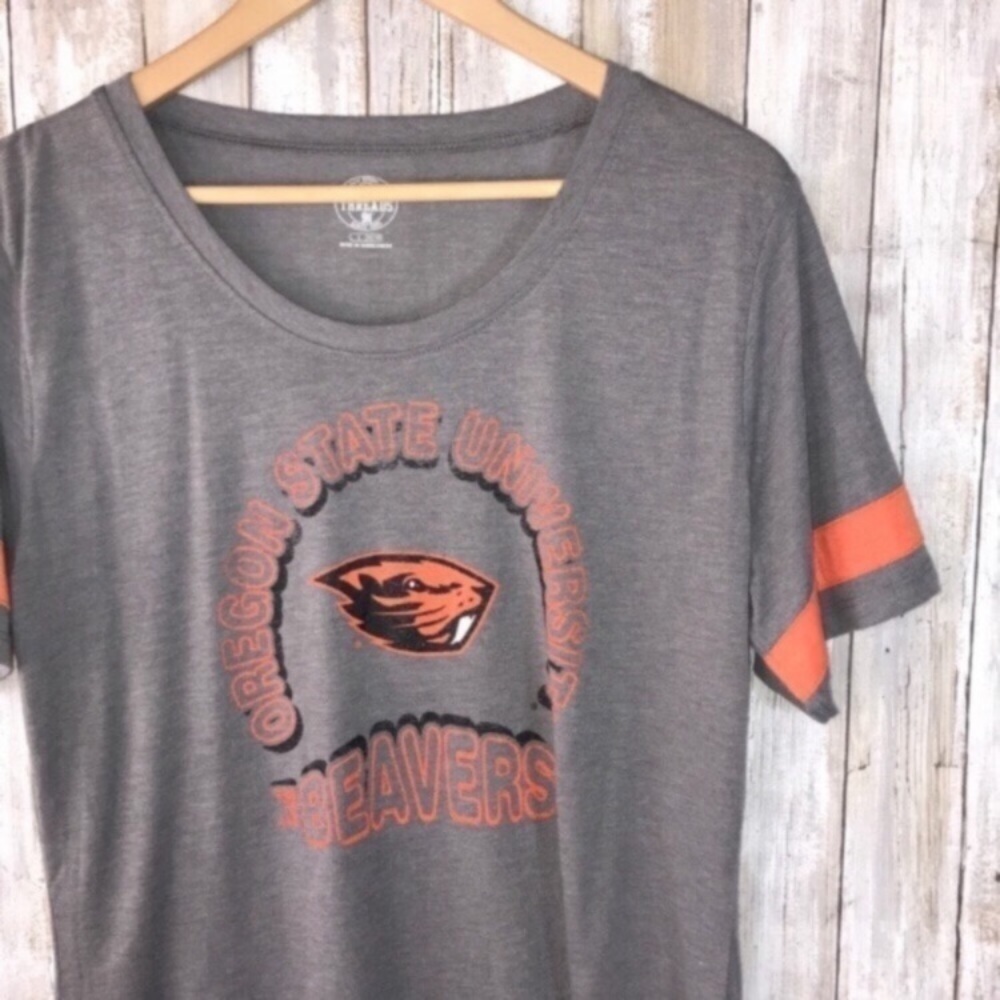 Oregon State Beavers Women’s Large Gray Tee Scoop Neck Striped Sleeve Game Day - Picture 3 of 5